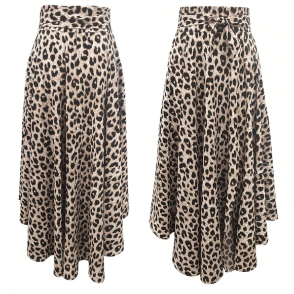 Classic Leopard Print High Waisted Split Thigh Pockets Maxi Skirt - Picture 2 of 5